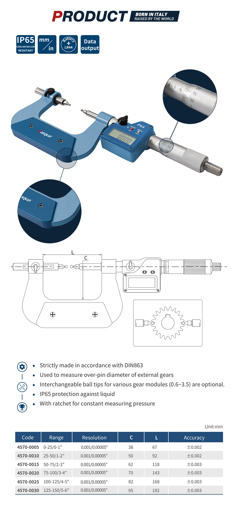 Dasqua 0-25mm Stainless Steel Digital Gear Micrometer