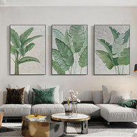 HAOWAI OEM/ODM Art mural vert minimaliste texturé triptyque feuille toile peinture feuille verte Wabi-sabi Art mural Boho décor affiche