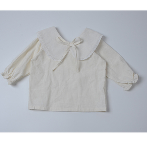 Jersey de algodón y lino para bebé, cuello con volantes, Color sólido, mangas largas, Tops básicos, blusas de tela de encaje blanco, estilo bonito para niños - Product Image 1