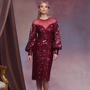 Dress payet jala wanita, gaun Cocktail Burgundy seksi tambal sulam lengan panjang