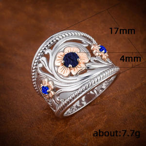 Anello Cocktail Floreale H103 in Argento 925 con Zaffiro, Montatura a Griffe, Anello Romantico da Donna per Uso Quotidiano - Product Image 2