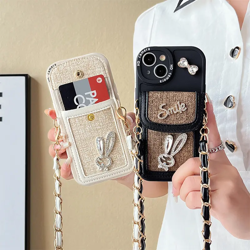 Fantezi bling tavşan crossbody cüzdan cardslot kadın telefon iphone için kılıf 14pro max