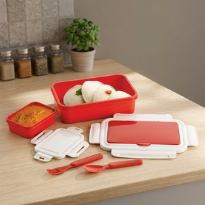 Boîte à lunch fraîche, boîte à lunch rectangulaire en plastique avec 2 compartiments, anti-fuite, conteneur alimentaire portable, empilable, rouge et blanc - Product Image 2