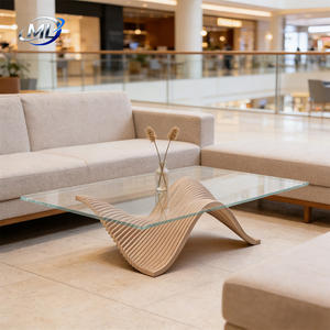 Mesa de Centro Moderna Estilo Farmhouse en Oferta, Mesa Cuadrada Grande con Tapa de Vidrio y Mármol, Base de Resina y Madera, Duradera para Interiores/Exteriores, Hotel, Hogar, Jardín - Product Image 2