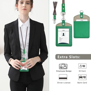 Boshiho Office Badge Holder Cowhide <b>Leather</b> ID Badge Card Holder with 19" Neck <b>Lanyard</b> ID Card Holder - Product Image 2