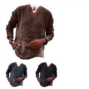 Camiseta de Lino para Hombre, Moderna, Nueva, de Primavera y Otoño, Juvenil, Informal, de Corte Regular, Cuello en V, Lisa, Ecológica, Antiarrugas, Lavada - Product Image 4