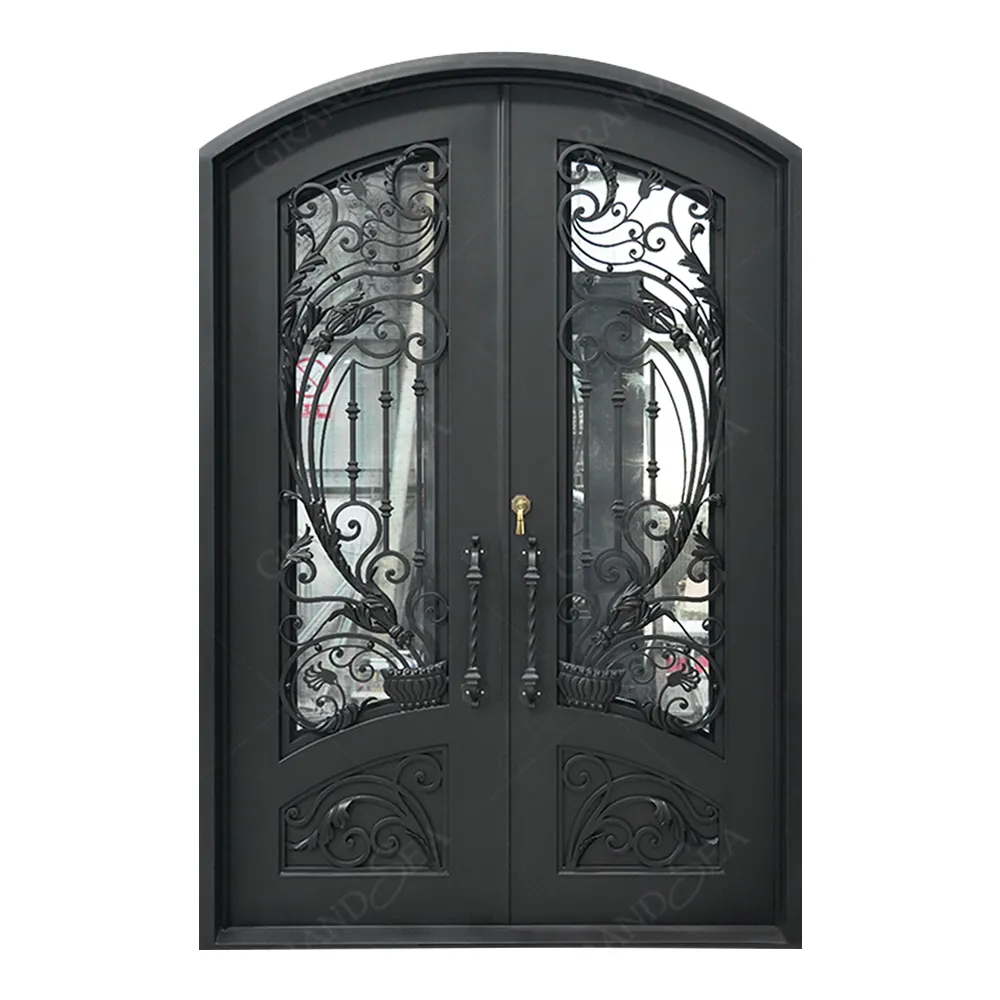 Grandsea Hot Selling Wholesale Price Cast Iron Garden Door Design Safe Double Opening Glass Wrought Iron Door Pivot Door