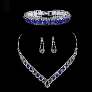 Aug-Conjunto de joyería de circonia azul para mujer, conjunto de collar, pendientes, pulsera, joyería nupcial, venta al por mayor