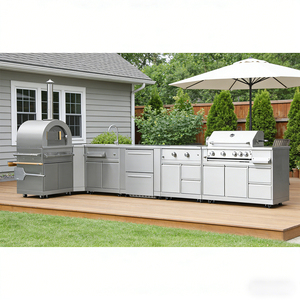 Ensemble de meubles de cuisine d'extérieur modulaires Hyxion Series 7 pièces <span class=keywords><strong>en</strong></span> acier inoxydable 304 avec barbecue intégré, <span class=keywords><strong>four</strong></span> à pizza, évier, réfrigérateur, structure KD - Product Image 1