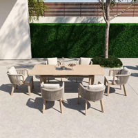 Ensemble de salle à manger d'extérieur moderne en teck, 7 pièces, table de patio en corde tressée et 6 chaises pour jardin, hôtel, complexe hôtelier