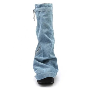 Denim Metallic Lock Shark Wedge Boots Cowgirls Zipper Thick Soles Half Knee High Booties Women <b>Round</b> <b>Toe</b> Zipper Flat Shoes - Product Image 4