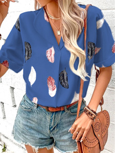 Vrouwen Zomer 6 Kleuren Trendy Modieuze Print Korte Mouw Casual Knoop Voorkant Shirt <span class=keywords><strong>Blouse</strong></span> - Product Image 2