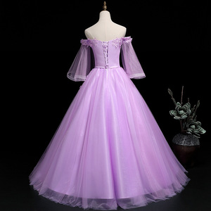Off The Shoulder Purple Tulle Ball Gown Dress With Floral Embroidery For Evening Events Adult Size - Product Image 3