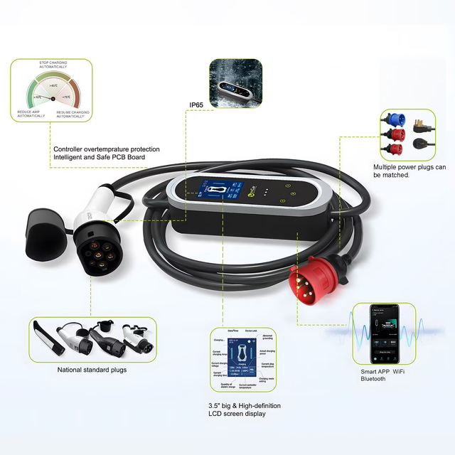 Zencar 16A 11KW Type 2 Mobile EV Charger Home EVSE Electric Car Fast EV Charger Station Controller WiFi App with 3.5'' Screen CE