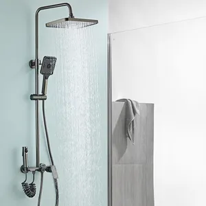 Gun Grey Square Top Rainfall Wall Mounted Single Handle Bathroom Brass Finished Shower Head Shower Set
