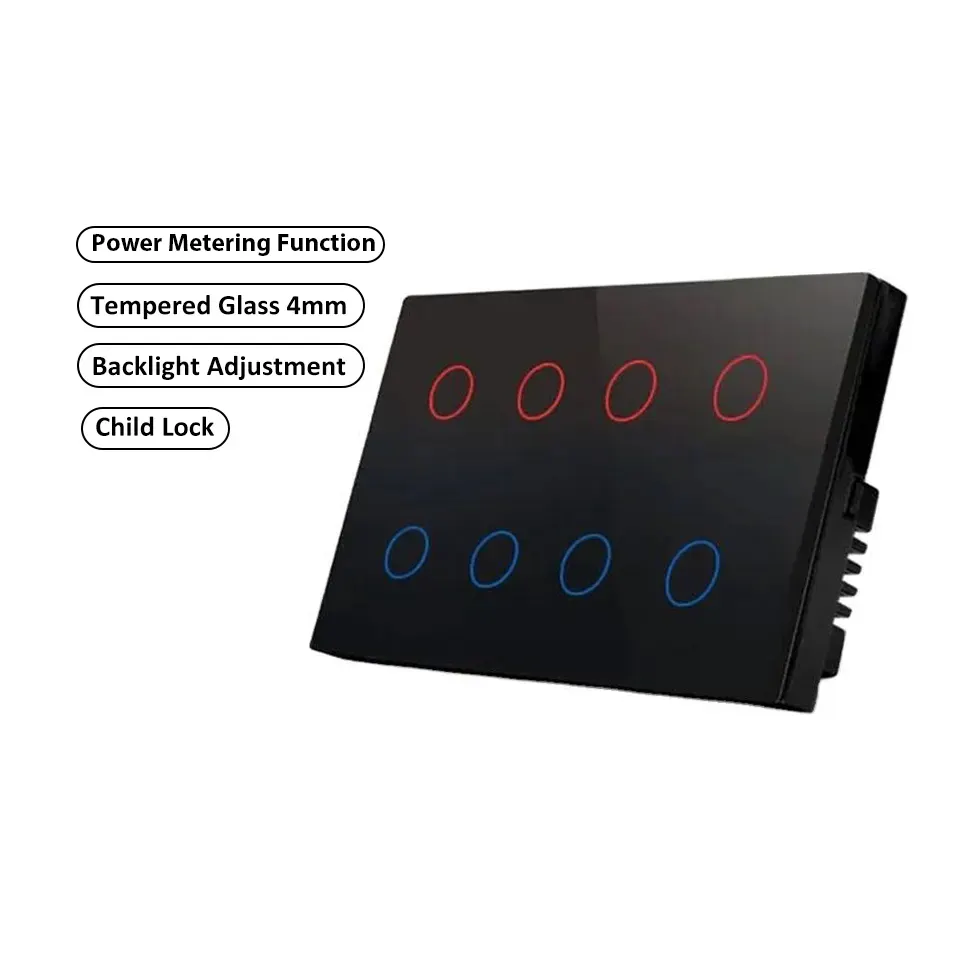 Interruptor de 8 bandas 147*86mm Panel de vidrio templado 4mm para uso doméstico inteligente con monitor de alimentación Alexa Google Home interruptores táctiles de pared