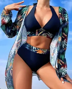Conjunto de tres piezas de malla de Bikini sexy, bikini personalizado con estampado floral, pareos, traje de baño estampado dividido para mujer