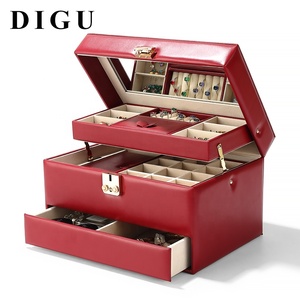 DIGU Custom Logo PU Leather Large 3 Layer <strong>Lockable</strong> Red Necklace Ring Earring Jewellery Storage <strong>Jewelry</strong> <strong>Box</strong> With Lock - Product Image 1