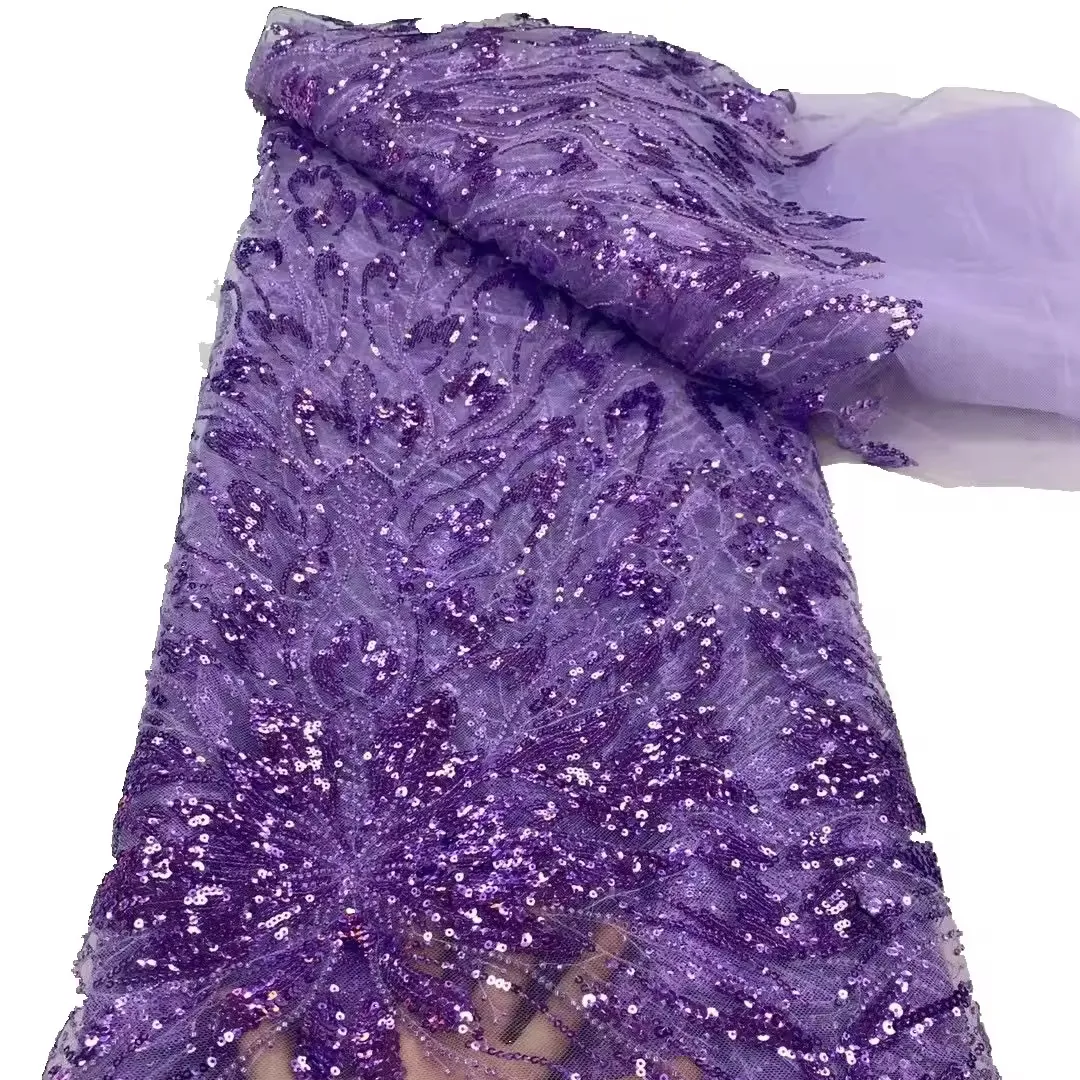 Prix de gros violet ace tissu français broderie à la main robe de mariée en dentelle perlée pour Dudai dame tissu à paillettes