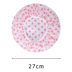Bonnet de douche imperméable en plastique réutilisable avec bande élastique pour femmes, usage en spa et salon, motif à pois bleus, roses et verts - Product Image 2