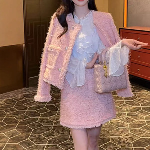 ポリエステル製 レディース ピンクツイードシフォンコートセット 長袖ブラウス プチ丈ハーフスカート ツーピース エレガントオフィスウェア カスタムOEM - Product Image 6