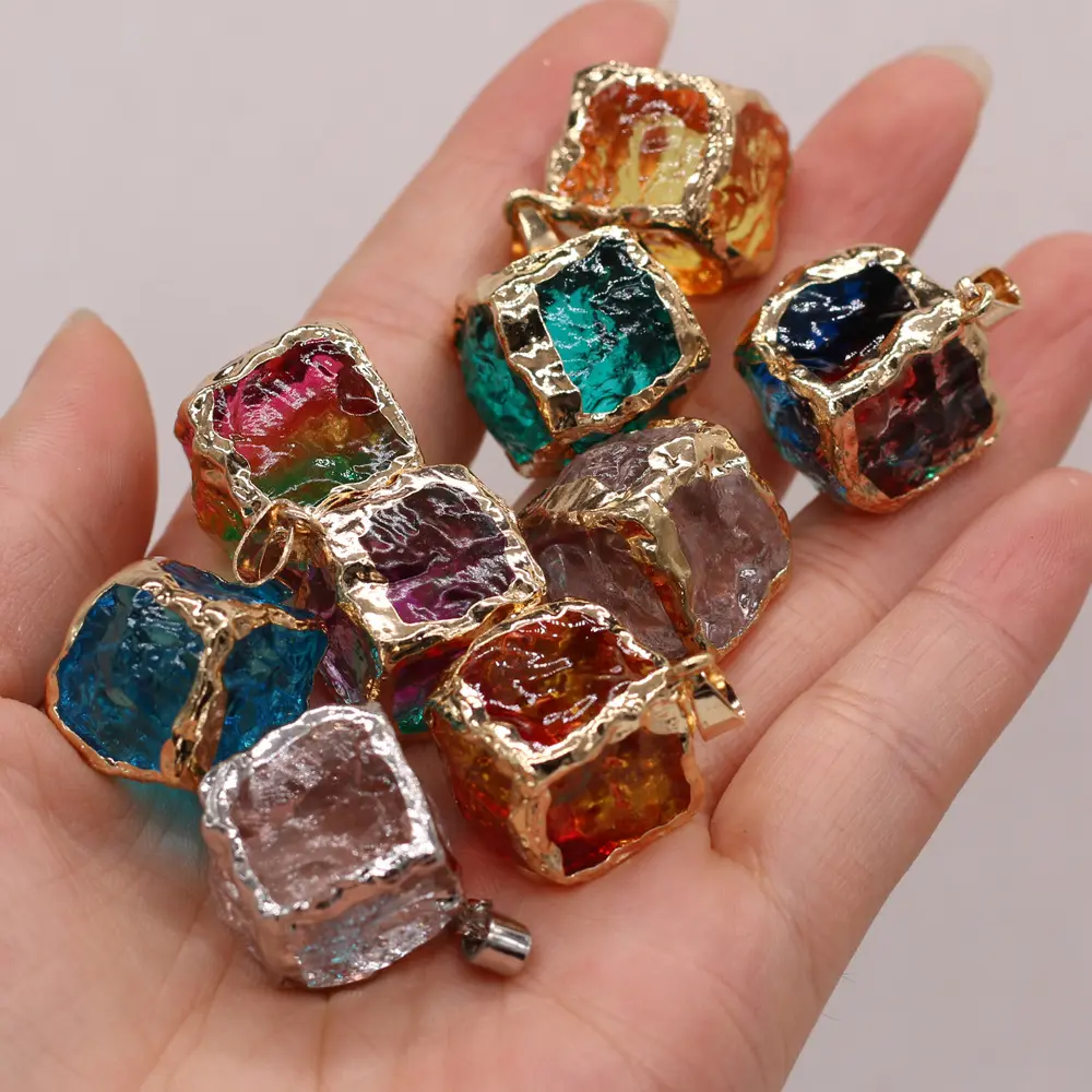 Mixed Color Natural Stone Crystal Pendant Gold Silver Metal Bezel 25x25mm Square Glass Pendant Clasp Pendant