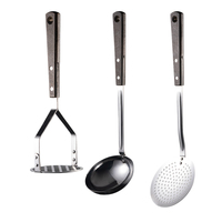 Ensemble d'ustensiles de cuisine en métal écologiques avec manches en bois naturel |   Cuillère de cuisine, spatule et presse-purée inclus
