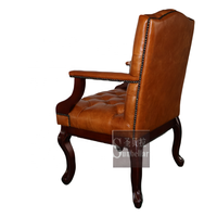 Chaise de salle à manger/salon intérieure en cuir véritable brun vintage du milieu du siècle, en bois massif, capitonnée, sur mesure