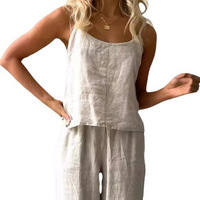 Ensemble de pyjama en coton fin et doux à boutons, sans manches, respirant et doux, 2 pièces, ample, tendance, vêtements de maison pour femmes, en lin