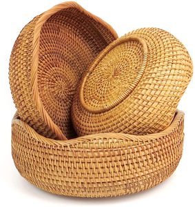 Wicker Storage Basket Set of 3 for Fruit Natural Rattan Baskets for Storage Bowls Key Round Wicker