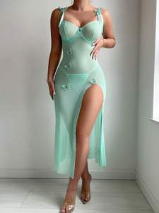 Setelan Lingerie Seksi Transparan Model Kupu-kupu, Gaun Tidur Maxi Berbahan Jaring Tipis dengan Thong, 2 Potong - Product Image 5