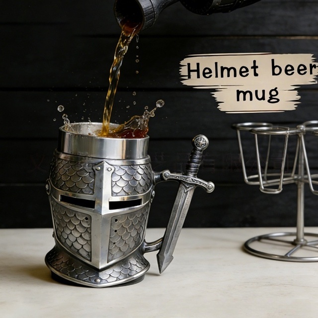 Medieval Knight Helmet Metal Beer Mug MAA28 Armor Scale Armour Texture 3D Relief for Collectors Gift Home Bar Decor