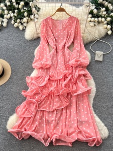 Nuovo Abito Estivo da Donna con Scollo a V a Pois, Orlo Irregolare e Balze, Elegante Gonna a Strati Stile Torta - Product Image 2