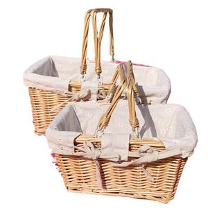 Rattan Woven Storage <b>Basket</b> Rectangle Handmade Linen Lining With Handle For Fruit <b>Egg</b> Picnic Shopping - Product Image 5