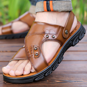 Cross-Strap Genuine Leather Sandals Men Open Toe Rubber Outsole Anti-Slip Casual <b>Beach</b> <b>Shoes</b> Solid Pattern Engraved Logo - Product Image 1