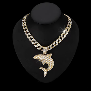 Wholesale 15mm <b>Cuban</b> <b>Link</b> <b>Chain</b> Hip Hop Shark Pendant Bling Rhinestone Zinc <b>Chain</b> Chokers Necklace - Product Image 3