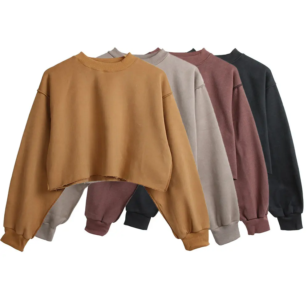 Articles vierge femmes couleur unie col rond pop sweat à capuche impression personnalisée crop top sweat à capuche avec côtes pour vêtements coréens femmes