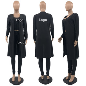 Cárdigan de punto acanalado con logotipo personalizado para mujer y ropa de salón de manga larga, conjunto de pantalones de otoño informales de 3 piezas con pantalones largos acanalados - Product Image 2