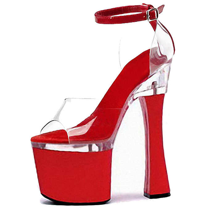 Transparent PVC red thick heel 18 cm Club stripper sexy high heels women's large Summer High Heels Sandals