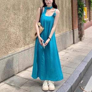Lake Blue Halter Neck A-Line Dress Empire Waist Solid Color 3D Decoration Summer Beach Vacation Wear - Product Image 1
