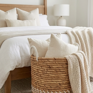 Handcrafted Water Hyacinth Storage <b>Basket</b> With <b>White</b> Rope Accent Boho Woven <b>Laundry</b> Hamper Cotton Handles For Home Decoration - Product Image 4