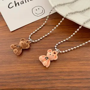 Cute Plush Bear Pendant Necklace for Girls Women Korean Fashion Bear Long Sweater Neck Chain Necklaces Collar Jewelry