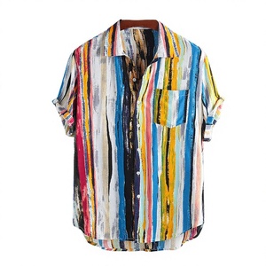 Chemise décontractée pour homme à manches courtes, rayée, boutonnée, col rabattu, tissu tissé imprimé pour l'été - Product Image 2