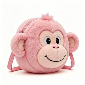 Linda bolsa cruzada de peluche con forma de cara de mono rosa y correa rosa, suave bolsa cruzada de peluche con forma de mono rosa y correa de piel sintética. - Product Image 3