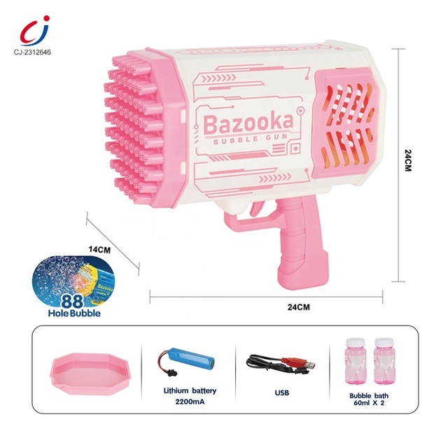 Chengji Outdoor Toys Structures Electric Automatic Soap Bazooka Bubble Machine Automatic Gatling pink Bubble Gun 88 Holes
