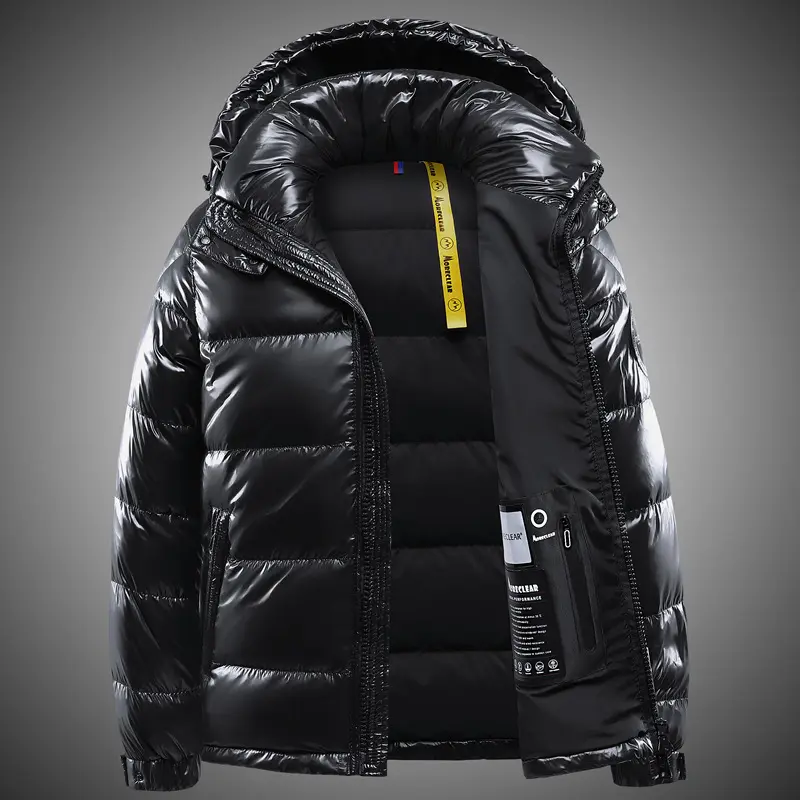 Custom high quality winter mens puffer jacket with hood oversize bright face leather puffer jacket