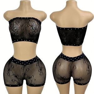 Ensemble de shorts sexy deux pièces pour femmes, tenue de soirée, vêtements de danse <span class=keywords><strong>exotique</strong></span>, haut tube en strass et shorts, lingerie sexy - Product Image 2