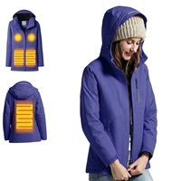Veste matelassée chauffante softshell pour femme, imperméable, respirante, coupe-vent, capuche amovible, réglage de la température sur 4 niveaux, couleur unie