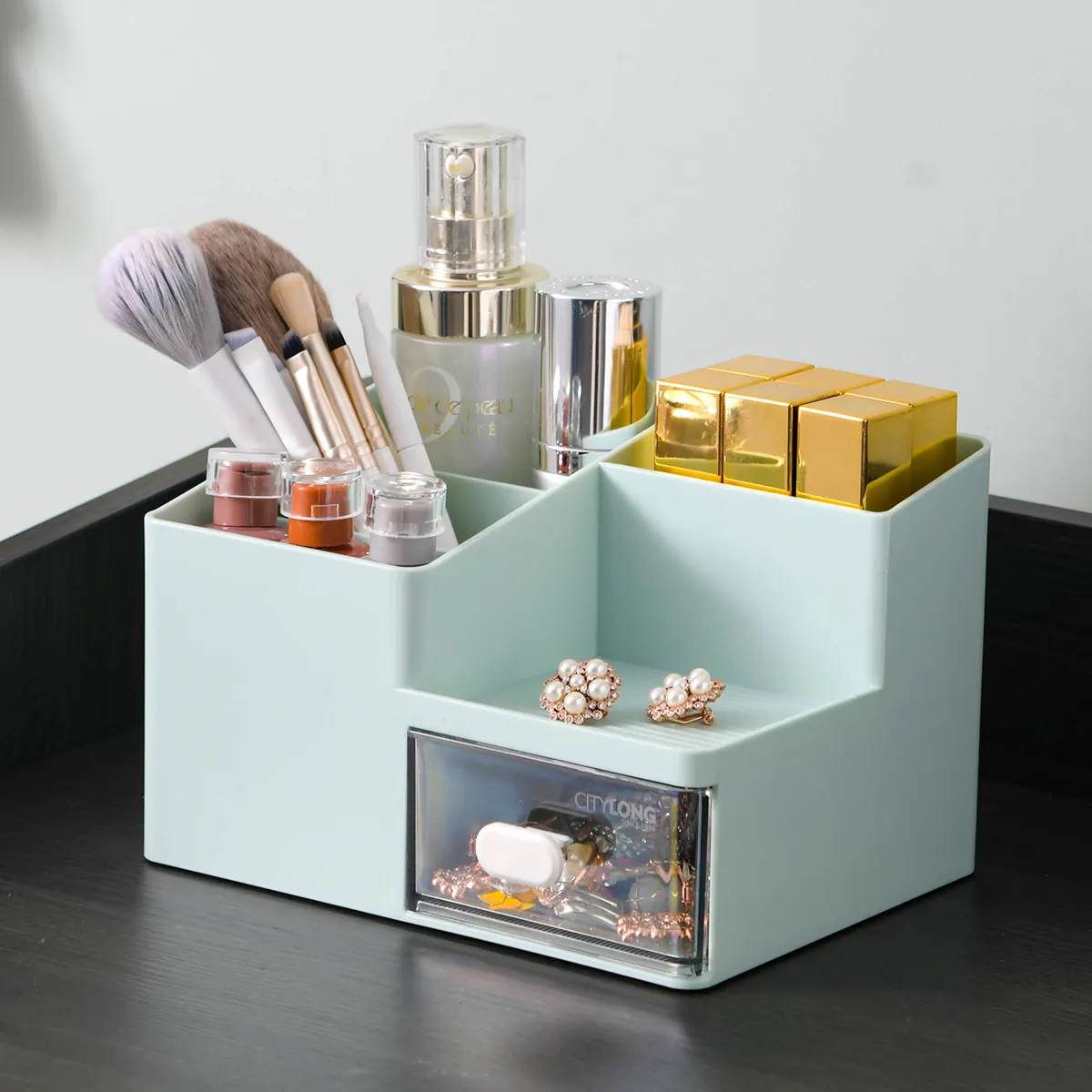 Perlengkapan kantor keluaran baru wadah Desktop kotak penyimpanan Organizer kosmetik Makeup plastik dengan kompartemen