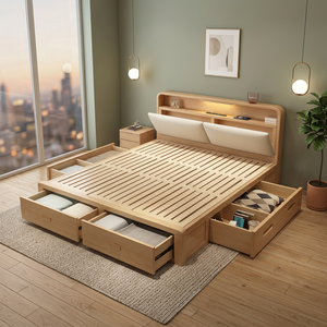 Modern Solid Wood Soft <b>Bed</b> Platform <b>Frame</b> with Storage Drawers and Shelf Headboard <b>Queen</b>/King <b>Size</b> Bedroom Furniture - Product Image 2